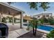 Outdoor patio overlooking pool with shade and lush plants, ideal for enjoying the backyard views and outdoor lounging at 2330 E Stephens Pl, Chandler, AZ 85225