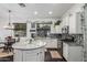 Well-lit kitchen with white cabinets, gray backsplash, modern appliances, and a circular island at 2330 E Stephens Pl, Chandler, AZ 85225