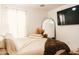 Bright bedroom featuring a bed with a fluffy brown throw blanket, mirror, and television at 3756 E Alamo St, San Tan Valley, AZ 85140