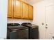 Well-organized laundry room with front-load washer and dryer, with storage cabinets at 3756 E Alamo St, San Tan Valley, AZ 85140