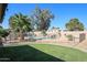 Spacious backyard with well-maintained grass, mature trees, and fenced swimming pool with unique rock feature at 4126 E Windrose Dr, Phoenix, AZ 85032