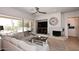 Cozy living room with a fireplace, a large TV, and a comfortable sofa, perfect for relaxation at 6937 E Purple Shade Cir, Scottsdale, AZ 85266