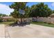 Backyard sport court featuring a basketball hoop, artificial turf putting green, and storage shed at 7315 W Monte Lindo Ln, Glendale, AZ 85310