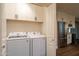 Functional laundry room featuring modern washer and dryer, with white cabinets for ample storage space at 10284 E Mallow Cir, Scottsdale, AZ 85255