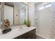 Bright bathroom featuring a modern vanity with a decorative plant, complemented by a shower-tub combo and elegant finishes at 17219 W La Luz Rd, Surprise, AZ 85387