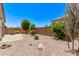 The home has a desert-landscaped backyard, framed by a block fence and scattered trees and shrubbery at 41103 W Rio Bravo Dr, Maricopa, AZ 85138