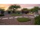 Spacious backyard with manicured lawn, desert landscaping, mature trees, and a fire pit area at 4462 E Dale Ln, Cave Creek, AZ 85331