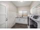Functional laundry room with a sleek washer, dryer, white cabinets, and stylish tile backsplash at 7439 E Beryl Ave, Scottsdale, AZ 85258