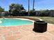 Backyard pool area featuring a stone patio, fire pit, and landscaping, perfect for relaxation and entertaining at 3811 E Evans Dr, Phoenix, AZ 85032