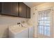 Functional laundry area with washer, dryer, storage cabinets, and access to the outside at 602 E Colgate Dr, Tempe, AZ 85283