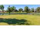A serene view of the lush green golf course and tranquil pond, enhanced by mature trees under a clear blue sky at 14561 W Winding Trl, Surprise, AZ 85374