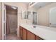 This bathroom features double mirrors, a sink with wood cabinets, and a shower/tub combo at 2862 E Megan St, Gilbert, AZ 85295