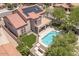 An aerial view shows a backyard pool, artificial turf, and covered patio at 5212 S Monte Vista St, Chandler, AZ 85249