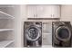 Convenient laundry room with modern washer, dryer, and storage shelves at 8500 W Saint John Rd, Peoria, AZ 85382