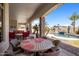 Outdoor patio with stone columns, seating area and view of the pool at 18036 W San Miguel Ave, Litchfield Park, AZ 85340