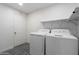 Well-organized laundry room featuring modern washer, dryer, and shelving for storage at 3850 E Ludlow Dr, Phoenix, AZ 85032