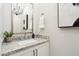 Stylish powder room featuring granite countertop, modern faucet, and decorative light fixture at 5250 E Deer Valley Dr # 247, Phoenix, AZ 85054