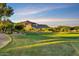 Picturesque golf course with green fairways, mature trees, and a backdrop of scenic mountains under a sunny sky at 7710 E Golden Eagle Cir, Gold Canyon, AZ 85118
