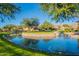Scenic view of a community pond surrounded by lush green grass and homes at 7710 E Golden Eagle Cir, Gold Canyon, AZ 85118