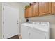 Functional laundry room featuring modern washer and dryer units and storage cabinets at 3214 N 138Th Dr, Avondale, AZ 85392