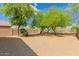 Enjoy this serene backyard with desert landscaping, a block wall, and mature shade trees at 29161 N Lilly Ln, San Tan Valley, AZ 85143