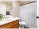 Well-lit bathroom featuring a wooden vanity, toilet, patterned shower curtain, and mirror at 29161 N Lilly Ln, San Tan Valley, AZ 85143