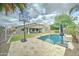 View of the backyard pool, lawn, and covered patio featuring a basketball hoop for outdoor entertainment at 1383 E Prescott Pl, Chandler, AZ 85249