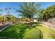 Expansive backyard featuring mature trees, pool, play structure, and chicken coop, perfect for outdoor living at 2107 E Park Ave, Gilbert, AZ 85234