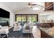 Cozy living room with a fireplace, white couches, and sliding doors to the patio at 2107 E Park Ave, Gilbert, AZ 85234