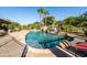 Resort-style pool area with palm trees, a rock waterfall feature, and baja shelf lounging spots at 2107 E Park Ave, Gilbert, AZ 85234
