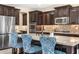 Close-up shot of kitchen island with granite counters, designer bar stools and cabinetry at 3664 E Narrowleaf Dr, Gilbert, AZ 85298