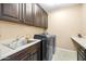 Well-appointed laundry room with modern washer/dryer set, sink, storage cabinets, and ample counter space at 3664 E Narrowleaf Dr, Gilbert, AZ 85298