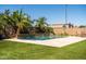 Backyard view featuring a sparkling pool with a waterfall feature, palm trees, and a basketball hoop at 3664 E Narrowleaf Dr, Gilbert, AZ 85298