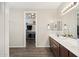 Bathroom featuring double sinks, a walk-in closet, and wood-look flooring at 11048 E Quintana Ave, Mesa, AZ 85212