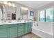 Bathroom with dual sinks, green cabinetry, and a soaking tub by a bright window at 3029 E Patrick St, Gilbert, AZ 85295