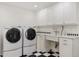 Well-equipped laundry room with a front-load washer, dryer, stylish cabinetry, and checkered flooring at 3817 E Highland Ave, Phoenix, AZ 85018