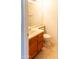 Half bathroom with a tan sink, wood cabinet, toilet, tile floor and a large mirror at 921 W University Dr # 1191, Mesa, AZ 85201