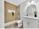 Bathroom with wood tile shower, white vanity, and an oval mirror at 1717 E Union Hills Dr # 1033, Phoenix, AZ 85024