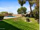 Expansive backyard featuring a sparkling pool, lush lawn, and mature trees, creating a private oasis at 20404 N 28Th Pl, Phoenix, AZ 85050