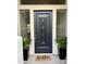 Stylish black front door framed by green plants and a 'hello' doormat, flanked by windows for ample natural light at 7214 E Rustling Pass, Scottsdale, AZ 85255