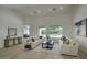 Bright living room featuring modern furnishings, high ceilings, and scenic views of the backyard pool at 7214 E Rustling Pass, Scottsdale, AZ 85255