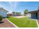 Large backyard with manicured artificial turf, shed, and covered patio at 8326 N 8Th St, Phoenix, AZ 85020