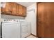 Functional laundry room with a washer, dryer, wooden cabinets for storage, and access door at 8851 S Juniper St, Tempe, AZ 85284