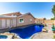 Lush backyard with swimming pool, artificial turf, and patio area, perfect for outdoor living and entertaining at 1147 N Marvin St, Gilbert, AZ 85233