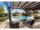 Inviting backyard with a covered patio, pool, and desert landscaping, perfect for relaxation at 1656 W Meseto Cir, Mesa, AZ 85202