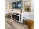 Stylish living room featuring an electric fireplace and a wall-mounted TV with floral design at 1656 W Meseto Cir, Mesa, AZ 85202