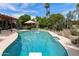 Expansive backyard pool area with lush vegetation, patio, and lounging space for ultimate relaxation at 1656 W Meseto Cir, Mesa, AZ 85202