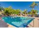 Beautiful community pool surrounded by lush landscaping, palm trees, and comfortable lounge chairs at 5612 S 21St Pl, Phoenix, AZ 85040