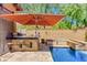 Beautiful pool area with counter seating, waterfall feature, and lush landscaping at 10287 E Diamond Rim Dr, Scottsdale, AZ 85255