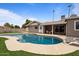 Aerial view of the backyard featuring a swimming pool, turf, and a covered patio at 1036 S 75Th St, Mesa, AZ 85208